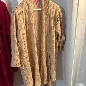 Woman Within Tan Open-Front Sweater